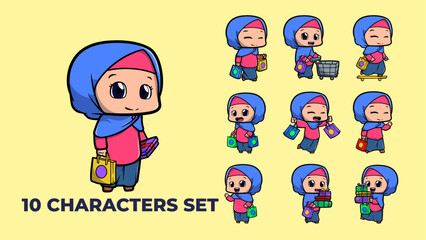 The cartoon character is set as a Muslim girl. Vector illustration for shopping promotion mascot