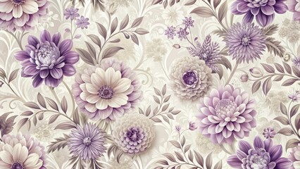 Muted, soft focus image of a seamless purple floral wallpaper with intricate patterns and gentle blooms against a cream-colored background , soothing atmosphere, floral pattern