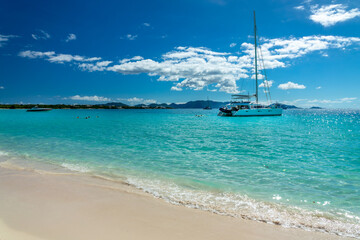 Fototapeta premium Sailboat in Randezvous Bay, Caribbean beach and landscape, Anguilla island, British West Indies