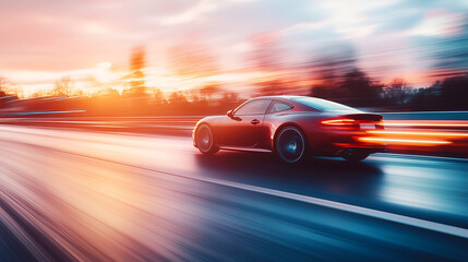 Red sports car speeding on a highway at sunset with a blurred background, conveying the thrill of speed and freedom on the open road
