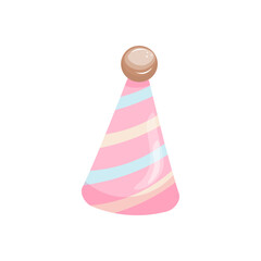 Pink Striped Party Hat. In a hand-drawn style. Single clipart. Vector stock image isolated on white background.