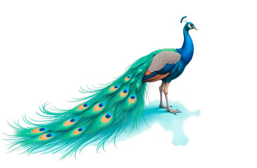 Fototapeta premium Watercolor illustration depicts a majestic peacock standing gracefully to its full height, with brightly colored feathers spread out like a fan. Peacock bird isolated on a white background.