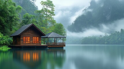 Obraz premium Serene Lakeside Cabin Nestled Amongst Misty Mountains