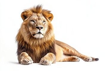 Fototapeta premium Majestic male lion resting on white background.