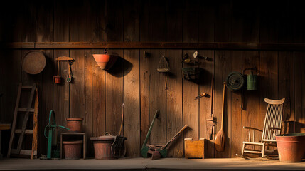 Vintage farming equipment and tools displayed against rustic wooden wall, evoking nostalgia and simplicity