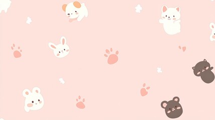 Cute Cartoon Animals Featuring Bears, Bunnies, and Kittens on Pink Background