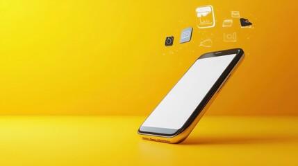 Smartphone displaying blank screen, data icons float, yellow background, website mockup