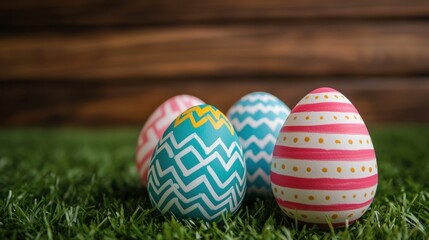 Fototapeta premium Easter day concept. Vibrant Geometric Easter Eggs with Whimsical Patterns on Grassy Background