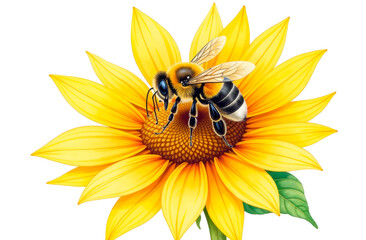 Watercolor illustration of a sunflower with a bee. Botanical illustration of a sunflower isolated on a white background.