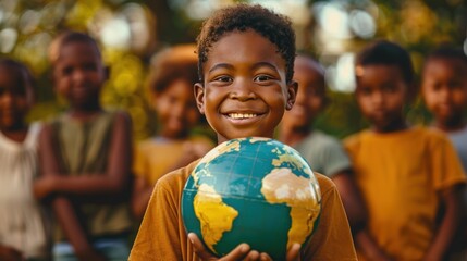 Naklejka premium Smiling Child Holding a Globe with Friends in the Background