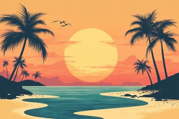 Fototapeta premium Silhouetted palm trees frame a vibrant sunset over a tranquil ocean beach. Perfect for travel, vacation, or relaxation themes.