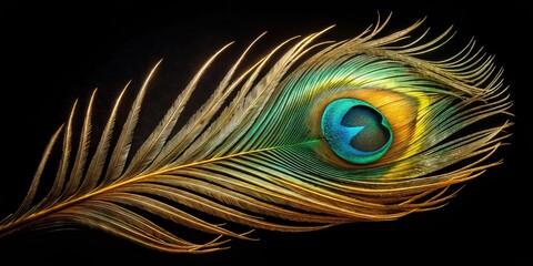 Obraz premium Opulent gold and teal peacock feather, a luxurious nature close-up.