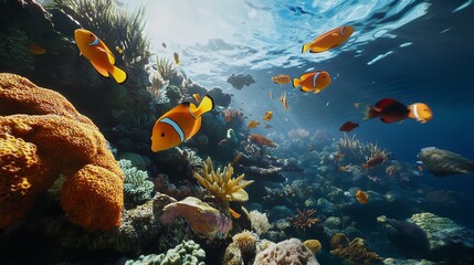 Obraz premium Colorful Reef Fish Swimming Above a Vibrant Coral Reef