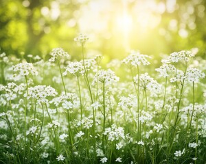 Fototapeta premium Wildflowers, Spring Meadow, Soft Sunlight, Bokeh Background, Green Grass, Nature, Summertime