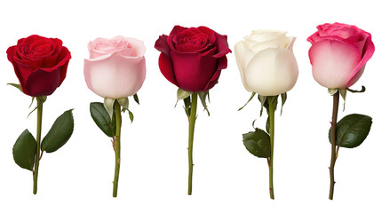 Vibrant roses in colorful array image set isolated transparent. Romantic florals cut outs photo png collection. Blooming flowers. Valentine day flora cutouts elements objects