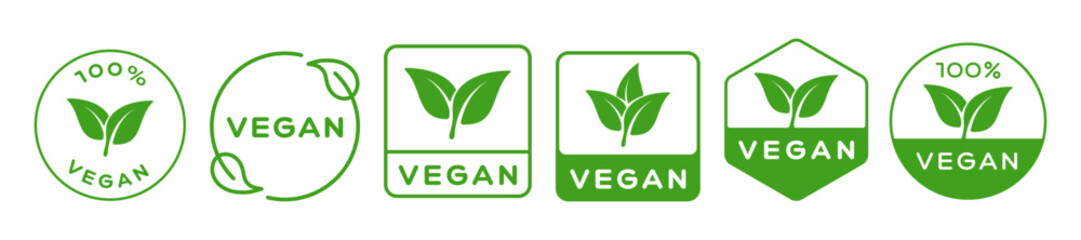 Set Of Vegan Vector Badges. Vegetarian Logo Icon Sign. 100% Natural Product Label. Leaf Symbol. Eco Food.