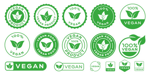 Set Of Vegan Vector Badges. Vegetarian Logo Icon Sign. 100% Natural Product Label. Leaf Symbol. Eco Food.