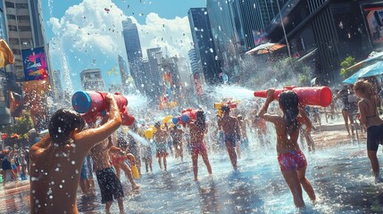 Busy city street on a rainy day, diverse crowd with umbrellas, vibrant atmosphere full of movement and reflections, energetic vibe.
