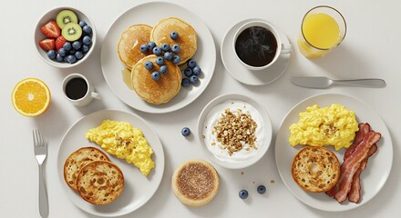 Delicious Breakfast Food Photography Pancakes Scrambled Eggs Yogurt