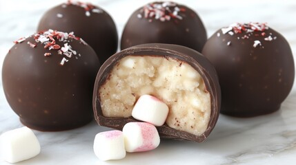 Delicious chocolate truffles with marshmallow filling on a marble surface