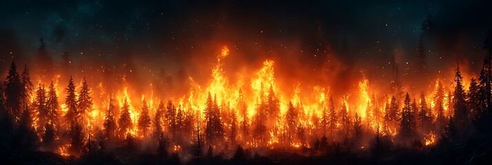 Naklejka premium Intense forest fire engulfing tall trees at night