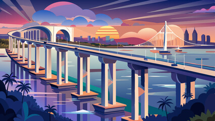 Coronado Bridge at Dusk - A close-up dusk view of Coronado Bridge, winding over calm San Diego Bay, at San Diego, California, USA.