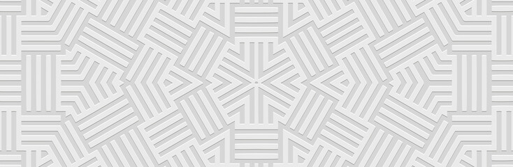 Banner, ethnic abstract cover design. Geometric 3D pattern, white background, embossing, vintage. Embossed ornaments, arabesques of the East, Asia, India, Mexico, Aztec, Peru.