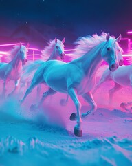 Obraz premium A herd of ethereal white horses gallops across a neon-lit landscape. Synthwave style digital art.