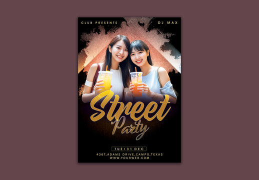 Street Party Flyer with Happy Asian Woman Enjoying Cold Drink.