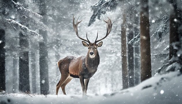Noble deer male in the winter snow forest. Artistic winter Christmas landscape