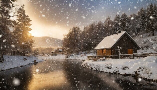 Cozy Cabin by the Bank of a Snowy River snow flakes falling on sunset