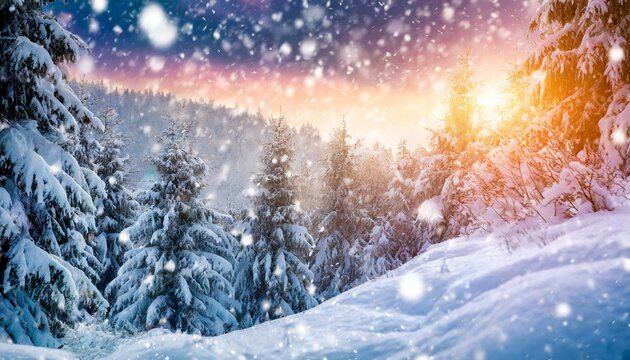 Winter background of snowy tress and flakes falling in the mountain with sunset