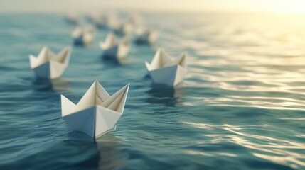 Paper boats afloat on calm ocean; sunset background; teamwork concept