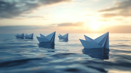 Obraz premium Paper boats sailing sunset sea teamwork