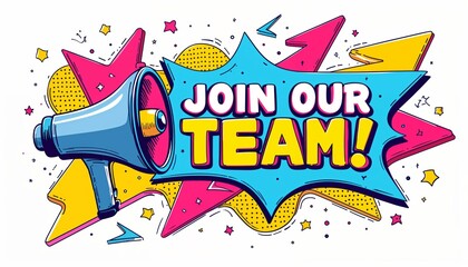Pixel Art Megaphone Announcing Join Our Team with Vibrant Colorful Background