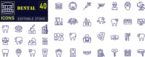 A collection of dental outline icons featuring dentist, dental care, oral disease, teeth whitening, extraction, broken tooth, root canal, fillings, and wisdom teeth. Vector icon set.
