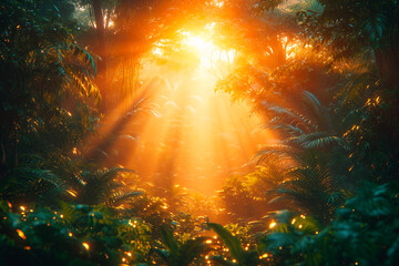 Naklejka premium Sunlight filters through dense jungle foliage in a vibrant morning glow showcasing nature's beauty and tranquility