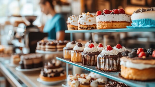 Assortment of freshly baked desserts displayed in a pastry shop during the morning
