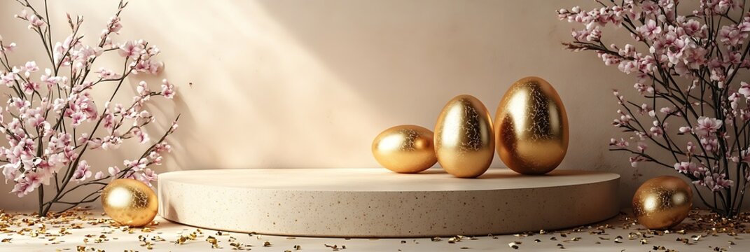 Golden easter eggs resting on a podium with cherry blossoms branches - Powered by Adobe