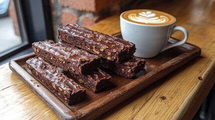 Chocolate bars and latte served in a cozy cafe with wooden decor on a bright day