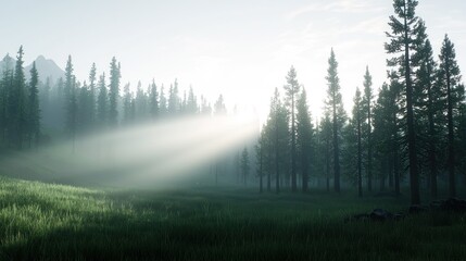 Sunbeams Through Misty Forest
