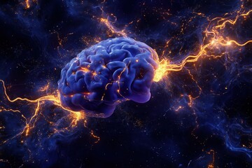 A vibrant blue brain surrounded by electric sparks and cosmic elements in a dark background.