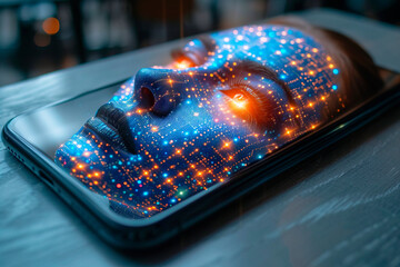 Digital representation of an artificial face on a smartphone screen glowing with colorful lights in...