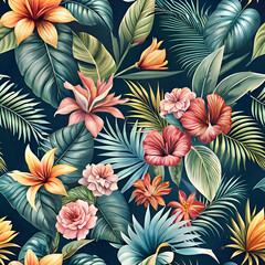 Vibrant Tropical Flowers and Leaves Pattern