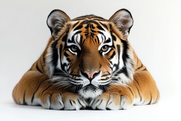 Fototapeta premium Majestic tiger rests, intense gaze.