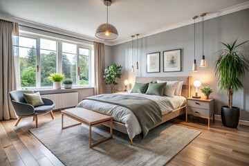 Fototapeta premium Serene Scandinavian bedroom: minimalist luxury captured candidly.