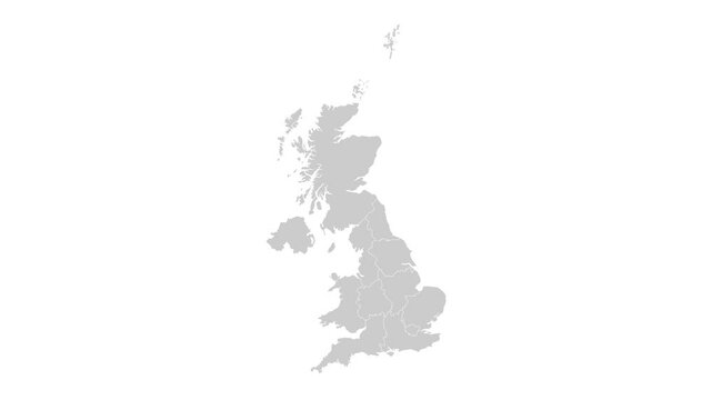 Breat Britain map animation. Animation of Connecting all areas into a complete map of United kingdom with borders in the background with an alpha channel. Motion design.