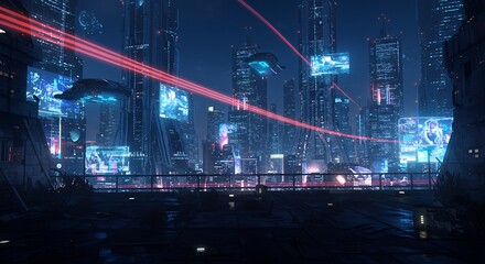 Obraz premium Cyberpunk Cityscape Night View Futuristic Flying Cars