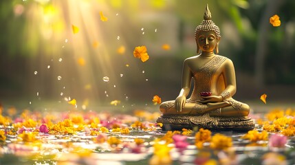 Serene Buddha statue surrounded by colorful flowers, soft sunlight filtering through trees, tranquil meditation theme with peaceful ambiance.