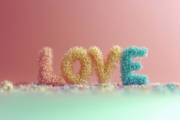 A creative design featuring the word "LOVE" made of colorful, fluffy textures against a soft background.